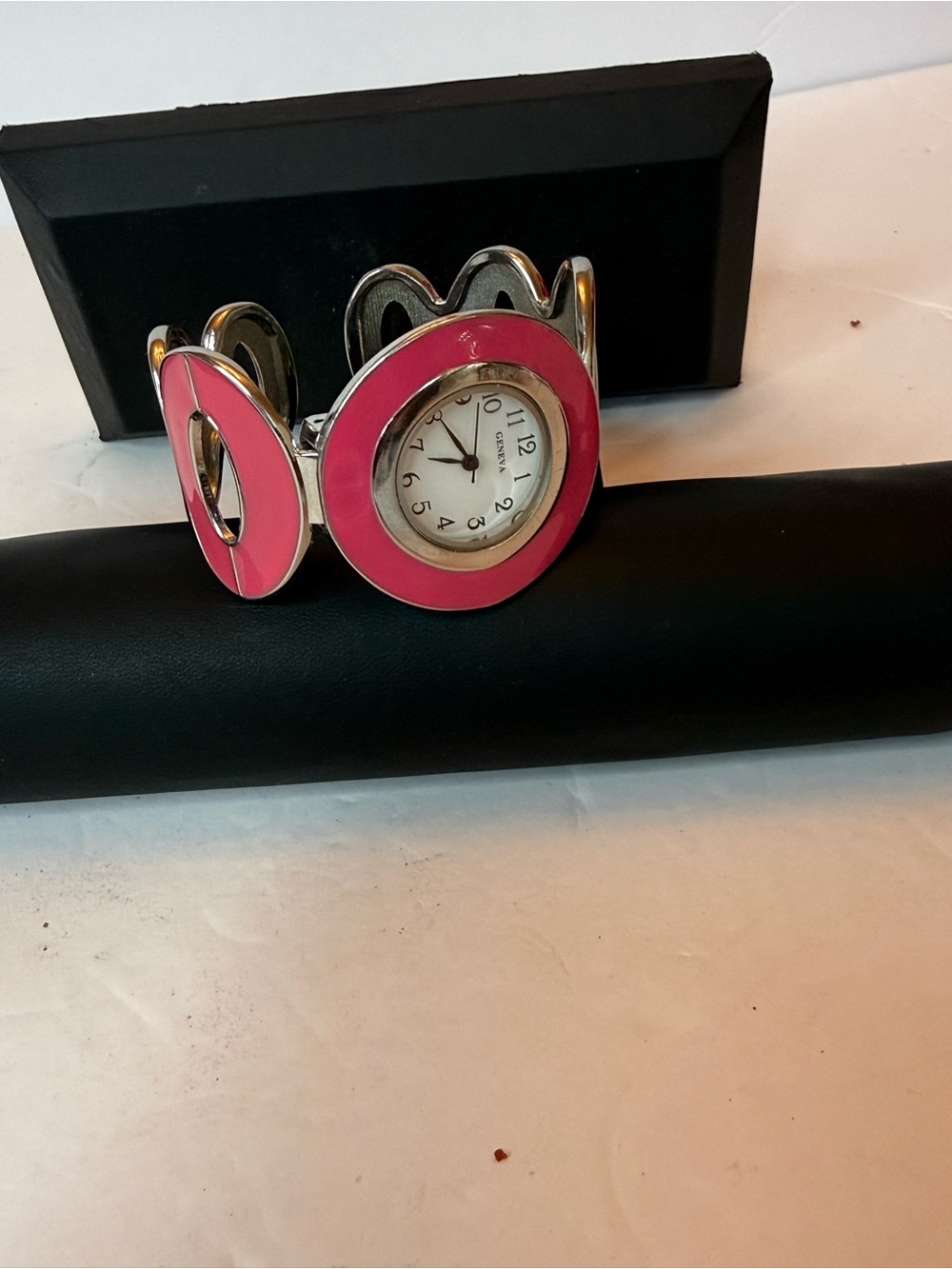 Pink Enamel Cuff Watch Bracelet - Unbranded